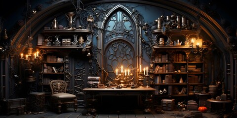 3D illustration of an ancient magic room with candles and magic books