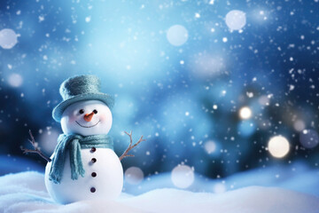 Happy smiling snowman on blurred snowy background with falling snowflakes. Christmas composition with copy space. Winter holidays concept