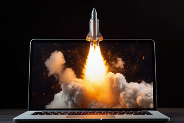 Rocket Bursting out of Laptop Screen - Startup Illustration. Generative AI.