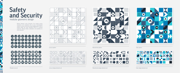 Secure System, Safety Modular Geometric Design. Thin Line, Black, White and Color style Pattern. Data Privacy Graphic Element Set. Cctv, Cyber Lock Icon. Triangle, Square, Circle Forms. Grid Construct