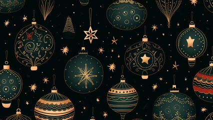 Fondo decorativo navideño, copos de nieve y bolas de navidad dorados y verdes sobre fondo negro - obrazy, fototapety, plakaty