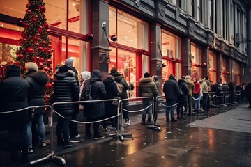 People queue up waiting outside for stores to open for shopping. Sale and discounts, black Friday, shoppers lined up, municipal or other public event - obrazy, fototapety, plakaty