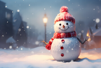 a cute snowman standing on the snow, in the style of ethereal light effects, shaped canvas, surreal 3d landscapes