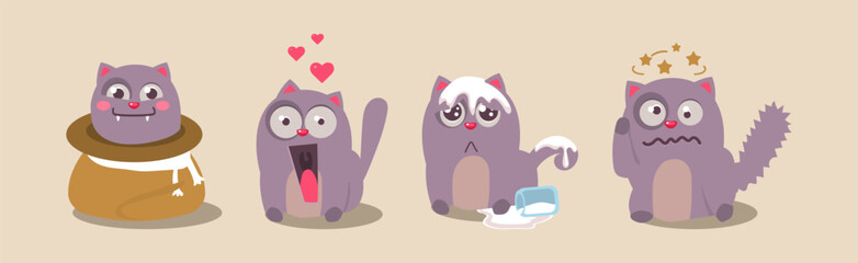 Cute Grey Fat Kitten Engaged in Different Activity Vector Set