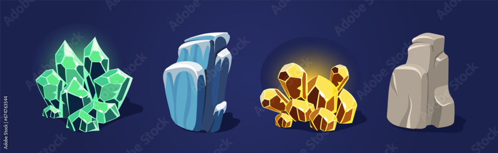 Poster rock and solid stone as game element isolated on blue background vector set