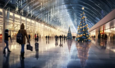Gordijnen Blurry photo of airport terminal with christmas decorations and tree, people with motion, travelers reuniting with loved ones for the holidays, luggage piled high, and a giant Christmas tree. © Eli Berr
