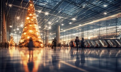 Blurry photo of airport terminal with christmas decorations and tree, people with motion, travelers reuniting with loved ones for the holidays, luggage piled high, and a giant Christmas tree. - obrazy, fototapety, plakaty