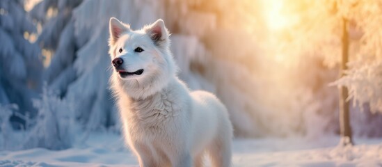 In the beautiful winter landscape of a snow covered forest a young white dog stands against the picturesque background creating a cute and captivating animal portrait in nature s serene par