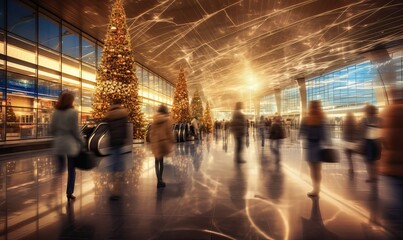 Blurry photo of airport terminal with christmas decorations and tree, people with motion, travelers...