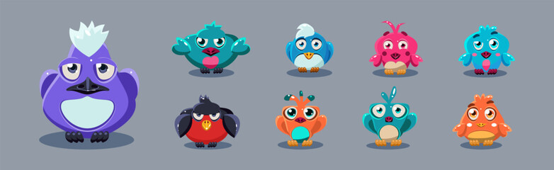 Funny Cartoon Birds Sitting Front View Vector Set