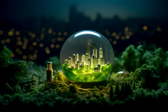 A glass snow globe contains a glowing mini city surrounded by greenery, with a dark, bokeh cityscape background symbolizing eco-friendly environmental