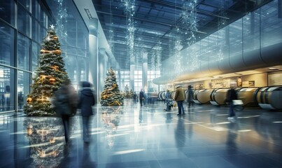Blurry photo of airport terminal with christmas decorations and tree, people with motion, travelers reuniting with loved ones for the holidays, luggage piled high, and a giant Christmas tree.