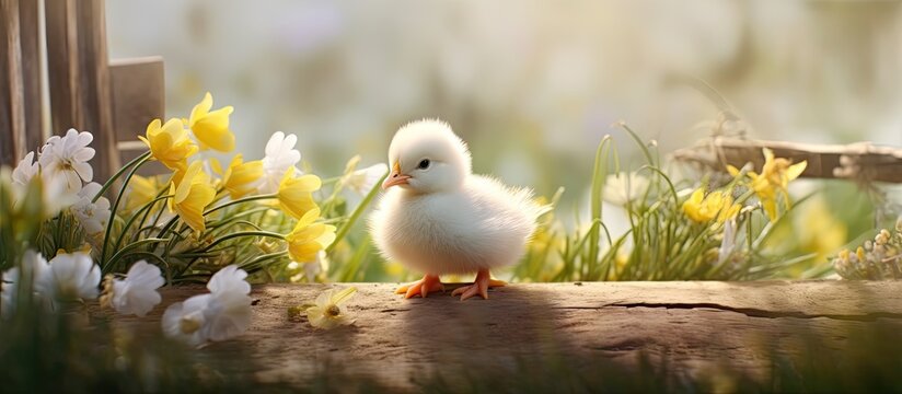 In the isolated farmyard surrounded by the serene beauty of nature a cute white baby chicken with soft feathers explores its background on a picturesque spring Easter morning alongside othe