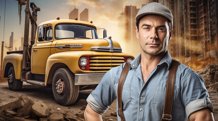 Construction contractor in front of his pickup truck in background with small building site 50's poster style
