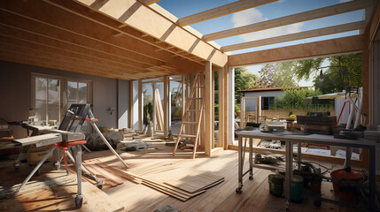 Modern Veranda House Extension in construction during the day without worker - obrazy, fototapety, plakaty
