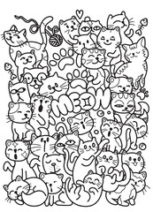 cute black and white cats coloring pages in the style of scattered composition, caricature faces, happy expressionism, and simplified kittys figures