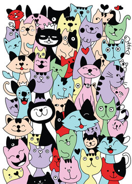 numerous cute cartoon cats with different faces, happy expressionism in the style of bold outlines and flat colors