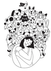 Drawing of a happy young lady giving herself a hug surrounded by playful and adorable kitties. It's a hand-drawn image with straightforward lines.