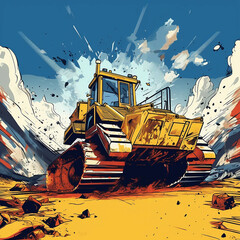 Bulldozer super dozer construction site 50's poster style - obrazy, fototapety, plakaty
