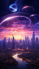 futuristic cityscape with flying cars at purple sunset in the background with stars