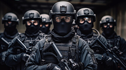 SWAT Company soldiers in formation, ready for battle. They are equipped with modern firearms and are in a ready position, giving the impression of an imminent threat, purple and black