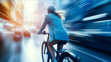 young woman cyclist wearing helmet riding bicycle on busy road traffic to go to work or university. photo with motion blur effect