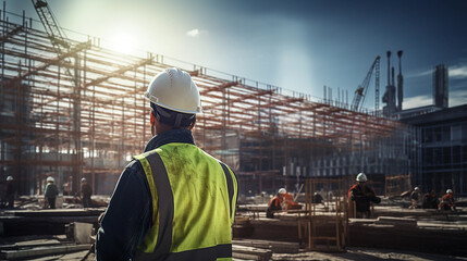 Construction contractor on the site of a large building with other workers in the background