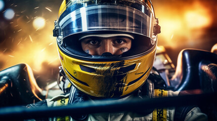 Racing driver with a damaged helmet - obrazy, fototapety, plakaty