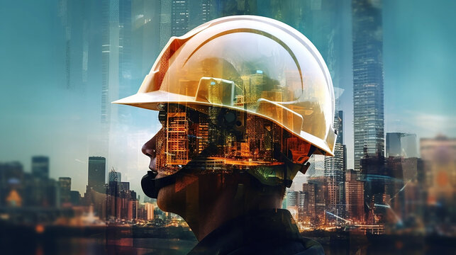 Double exposure image of engineer safety helmet with city or construction site background on his head