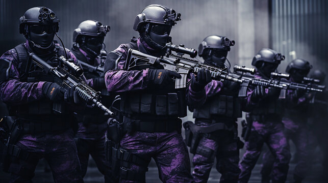 SWAT Company soldiers in formation, ready for battle. They are equipped with modern firearms and are in a ready position, giving the impression of an imminent threat, purple and black