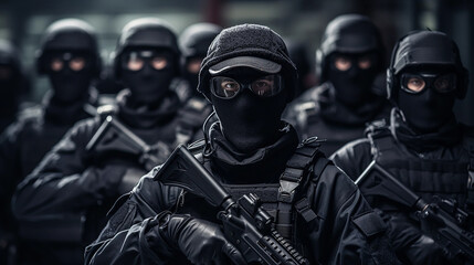 SWAT Company soldiers in formation, ready for battle. They are equipped with modern firearms and are in a ready position, giving the impression of an imminent threat, purple and black - obrazy, fototapety, plakaty