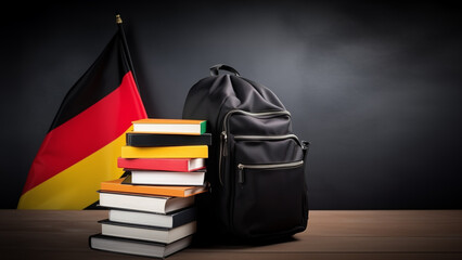 The concept of German language courses. School backpack, books and textbooks on the background of the flag of Germany. Humanitarian visa for refugees, emigration for specialists, study or travel. 16:9