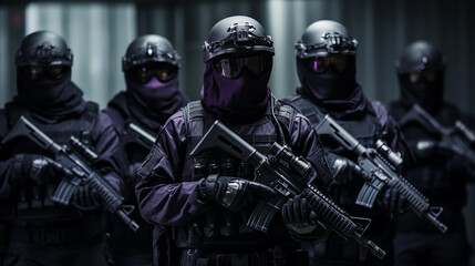 SWAT Company soldiers in formation, ready for battle. They are equipped with modern firearms and are in a ready position, giving the impression of an imminent threat, purple and black