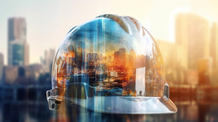 Double exposure image of engineer safety helmet with city or construction site background on his...