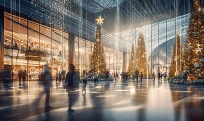 Fototapeta na wymiar Shopping mall with stores, Christmas tree with decoration and crowd of people looking for present gifts. Abstract blurred defocused image background. Christmas holiday, Xmas shopping, sale