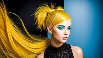 Naklejka na ściany i meble Portrait of young woman with yellow hair.Digital creative designer fashion glamour art.