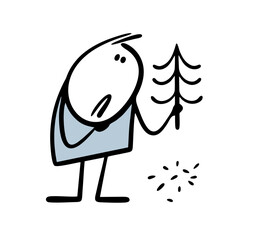 Sad stickman bought old Christmas tree. Vector illustration of needles falling on the floor. Winter holiday is ruined. Isolated character on white background.