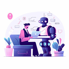 Design an illustration showcasing a futuristic robotic assistant efficiently managing invoices for businesses.