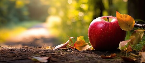 In the summer enjoying bountiful nature I sat beneath a tall tree admiring the vibrant green leaves that signaled the arrival of autumn and plucked a red apple from the fruitful garden The h - obrazy, fototapety, plakaty