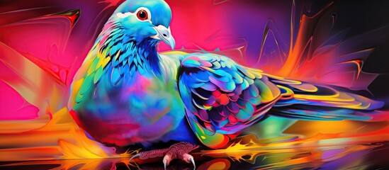 Abstract 3d colorful hologram pigeon bird drawing in dark background. AI generated - obrazy, fototapety, plakaty