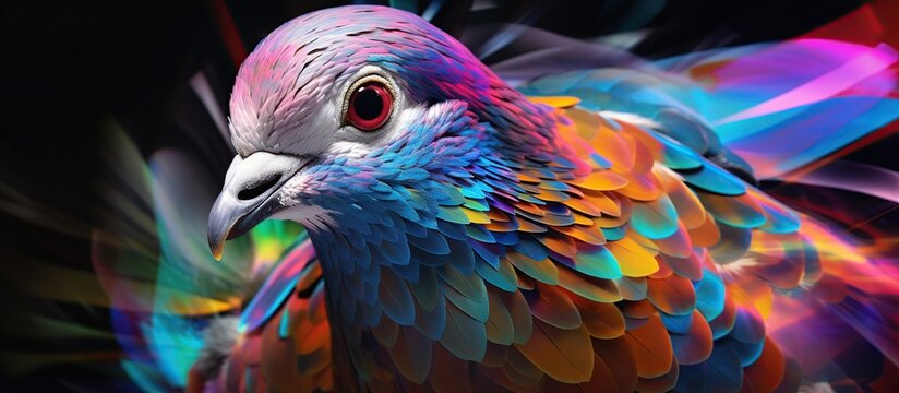 Abstract 3d colorful hologram pigeon bird drawing in dark background. AI generated