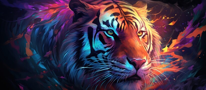 Abstract 3d colorful hologram tiger animal drawing in dark background. AI generated