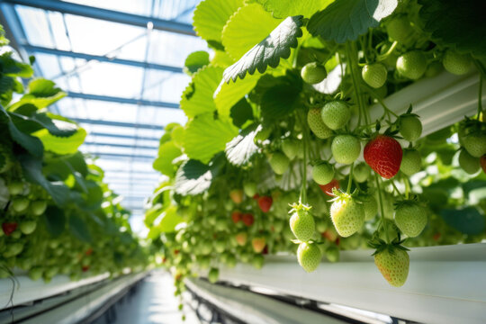 Strawberry plant is growing in vegetable green house on hydroponics, eco friendly business, greenhouse  hydroponics. drip irrigation system for plants