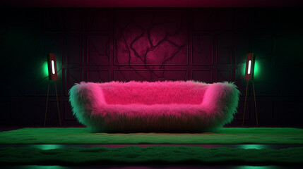 Minimal interior with pink fur sofa and green wall with glowing neon light. Modern style. Generative AI