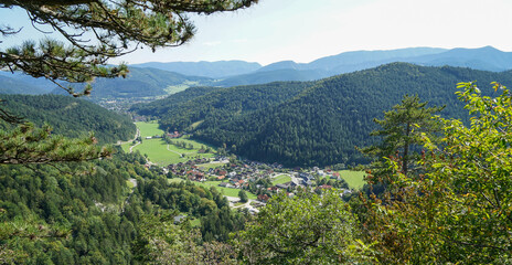 Beautiful panoramic view from Hausstein Peak near Muggendorf Myrafalle in Austria
