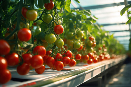 Tomato plant is growing in vegetable green house on hydroponics, eco friendly business, greenhouse hydroponics. drip irrigation system for plants - Powered by Adobe