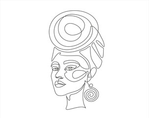 African american Woman face, continuous line drawing.  Line art, drawing of face, fashion concept, woman beauty minimalist for wall decoration, postcard or brochure cover design. Vector illustrations 