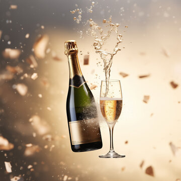 champagne bottle and glass levitating on golden background. Season greetings or happy anniversary concept. Generative AI