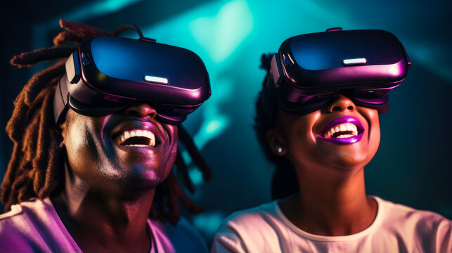 Portrait of happy smiling passionate african american black man and woman couple in virtual reality headset in futuristic style. - Powered by Adobe