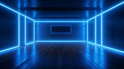  Minimal interior of a dark empty room with blue neon glowing light. Copy space. Generative AI